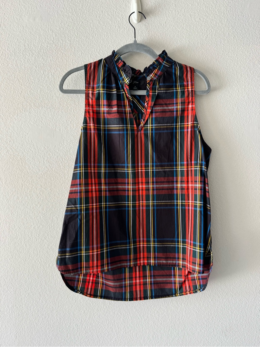 J. Crew Red Multi Plaid Sleeveless Ruffle V-Neck Top
